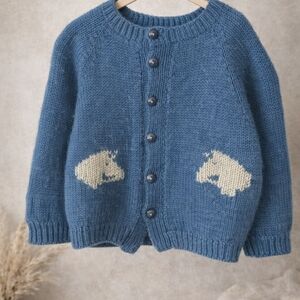 Blue Knit Cardigan with Cream Horse Pockets